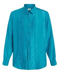 Chemise à manches longues en soie à fleurs turquoise