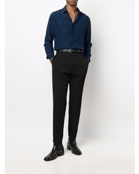 Chemise à manches longues en soie á pois bleu marine Saint Laurent