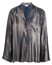 Chemise à manches longues en soie à rayures verticales bleu marine Etro