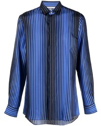 Chemise à manches longues en soie à rayures verticales bleue