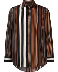 Chemise à manches longues en soie à rayures verticales marron foncé