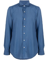 Chemise à manches longues en soie bleue Finamore 1925 Napoli