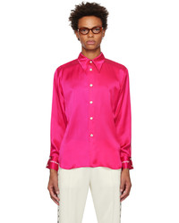 Chemise à manches longues en soie brodée rose