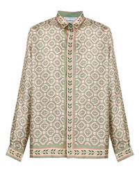 Chemise à manches longues en soie géométrique beige