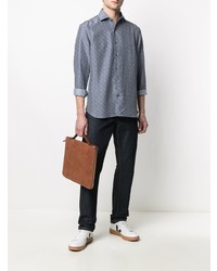 Chemise à manches longues en soie géométrique bleu marine Corneliani