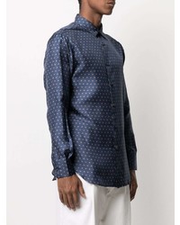 Chemise à manches longues en soie géométrique bleu marine Brioni