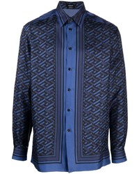 Chemise à manches longues en soie géométrique bleu marine Versace