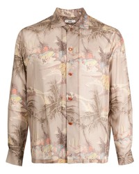 Chemise à manches longues en soie imprimée beige Bode