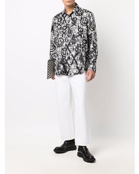 Chemise à manches longues en soie imprimée blanche et noire Philipp Plein