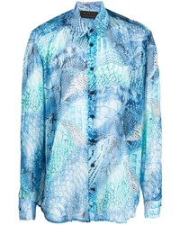 Chemise à manches longues en soie imprimée bleu clair Atu Body Couture