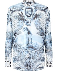 Chemise à manches longues en soie imprimée bleu clair Dolce & Gabbana