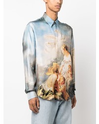 Chemise à manches longues en soie imprimée bleu clair Roberto Cavalli