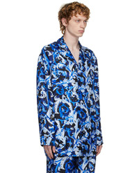 Chemise à manches longues en soie imprimée bleu marine Versace Underwear