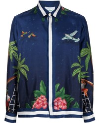 Chemise à manches longues en soie imprimée bleu marine Casablanca