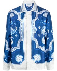 Chemise à manches longues en soie imprimée bleu marine Casablanca