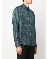 Chemise à manches longues en soie imprimée bleu marine Roberto Cavalli