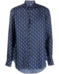Chemise à manches longues en soie imprimée bleu marine Giorgio Armani