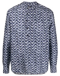 Chemise à manches longues en soie imprimée bleu marine Giorgio Armani
