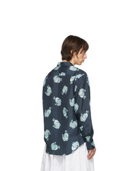 Chemise à manches longues en soie imprimée bleu marine Lanvin