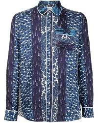 Chemise à manches longues en soie imprimée bleu marine Pierre Louis Mascia