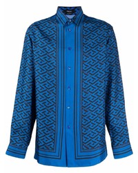 Chemise à manches longues en soie imprimée bleu marine Versace