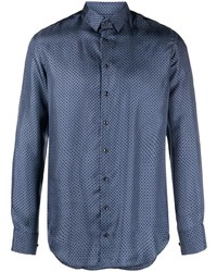Chemise à manches longues en soie imprimée bleue Giorgio Armani