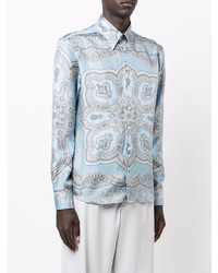 Chemise à manches longues en soie imprimée cachemire bleu clair Etro