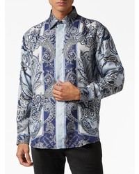 Chemise à manches longues en soie imprimée cachemire bleu clair Philipp Plein