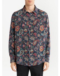 Chemise à manches longues en soie imprimée cachemire bleu marine Etro