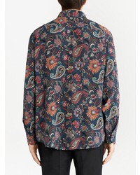 Chemise à manches longues en soie imprimée cachemire bleu marine Etro