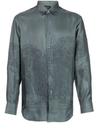 Chemise à manches longues en soie imprimée gris foncé Brioni