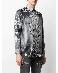 Chemise à manches longues en soie imprimée grise Philipp Plein