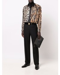 Chemise à manches longues en soie imprimée léopard marron clair Roberto Cavalli