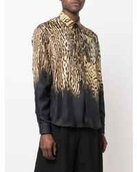 Chemise à manches longues en soie imprimée léopard marron clair Roberto Cavalli