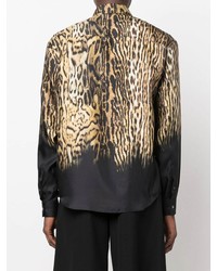 Chemise à manches longues en soie imprimée léopard marron clair Roberto Cavalli