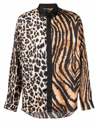 Chemise à manches longues en soie imprimée léopard marron clair Roberto Cavalli