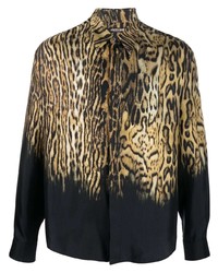 Chemise à manches longues en soie imprimée léopard marron clair Roberto Cavalli