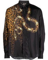 Chemise à manches longues en soie imprimée léopard marron foncé