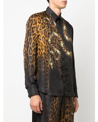 Chemise à manches longues en soie imprimée léopard marron foncé Roberto Cavalli