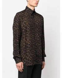 Chemise à manches longues en soie imprimée léopard marron foncé Tom Ford