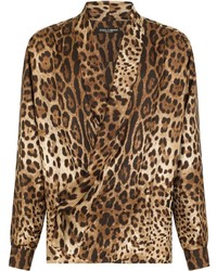 Chemise à manches longues en soie imprimée léopard marron Dolce & Gabbana