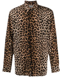 Chemise à manches longues en soie imprimée léopard marron Saint Laurent