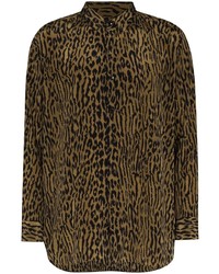 Chemise à manches longues en soie imprimée léopard marron Saint Laurent