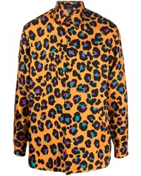 Chemise à manches longues en soie imprimée léopard orange Versace