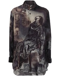 Chemise à manches longues en soie imprimée marron foncé Yohji Yamamoto