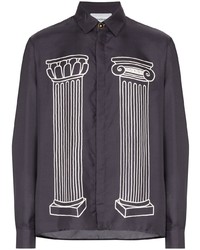 Chemise à manches longues en soie imprimée noire et blanche Casablanca