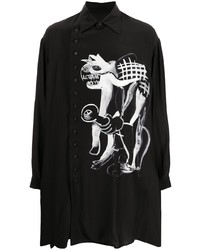 Chemise à manches longues en soie imprimée noire et blanche Yohji Yamamoto
