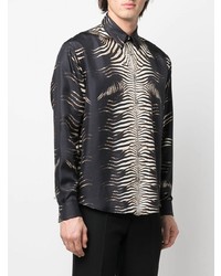 Chemise à manches longues en soie imprimée noire et blanche Roberto Cavalli