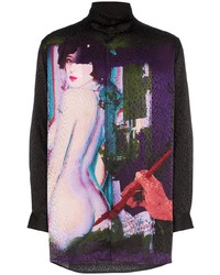 Chemise à manches longues en soie imprimée noire Yohji Yamamoto