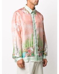 Chemise à manches longues en soie imprimée rose Casablanca